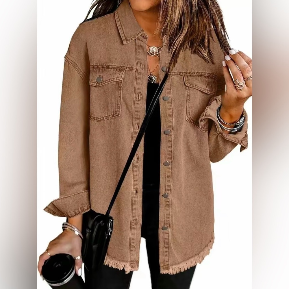 Women Fringe Denim Jean Jacket, Brown Size S
